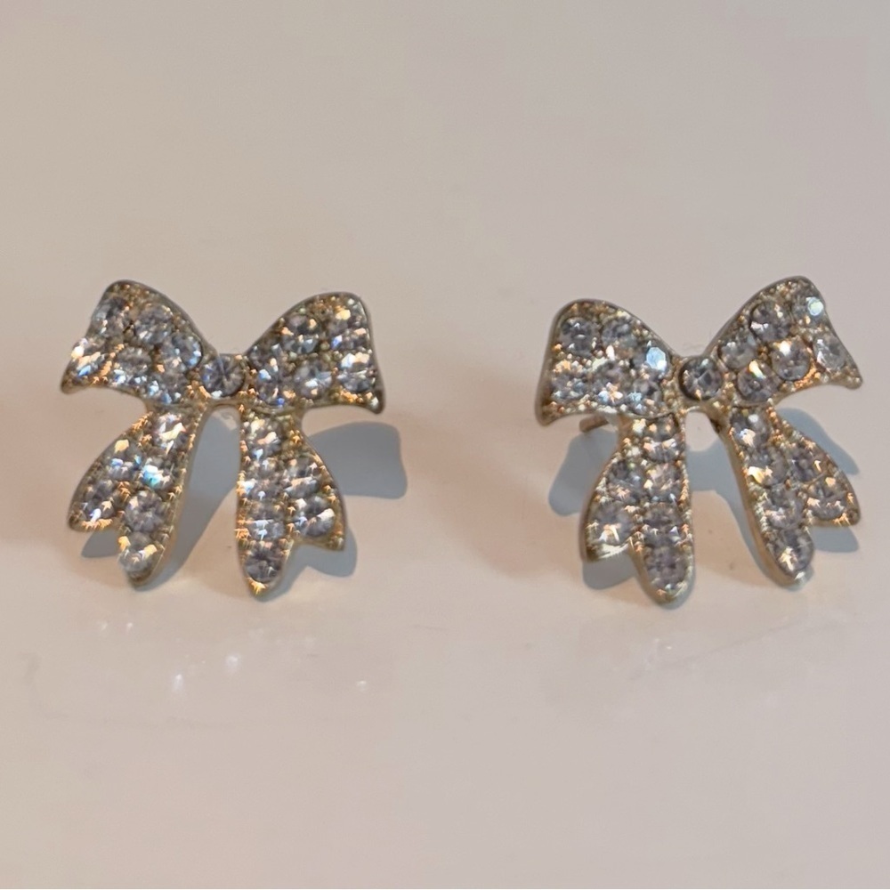Crystal Bow Stud Earrings - Silver Tone